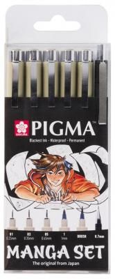 SAKURA Набор капиллярных ручек Manga Set, Pigma Micron + Brush + механический карандаш, POXSDKMAN6, черный цвет чернил, 6 шт.