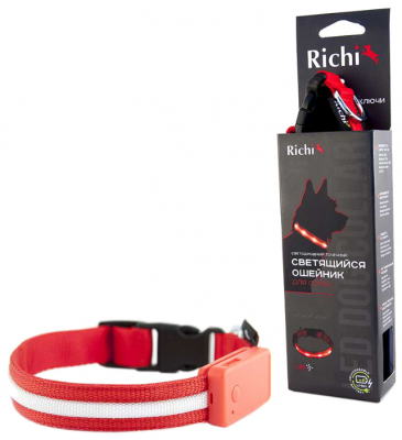Ошейник Richi Led нейлоновый M, USB 37-40 см красный